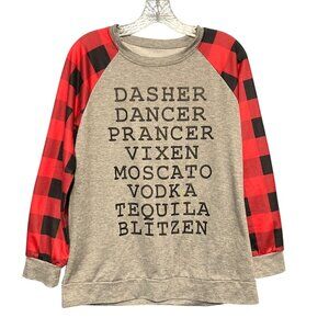 Christmas Pullover Shirt With Red Plaid Sleeves & Funny